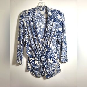 Caribe blue and white silky top  women's XL  #2175
